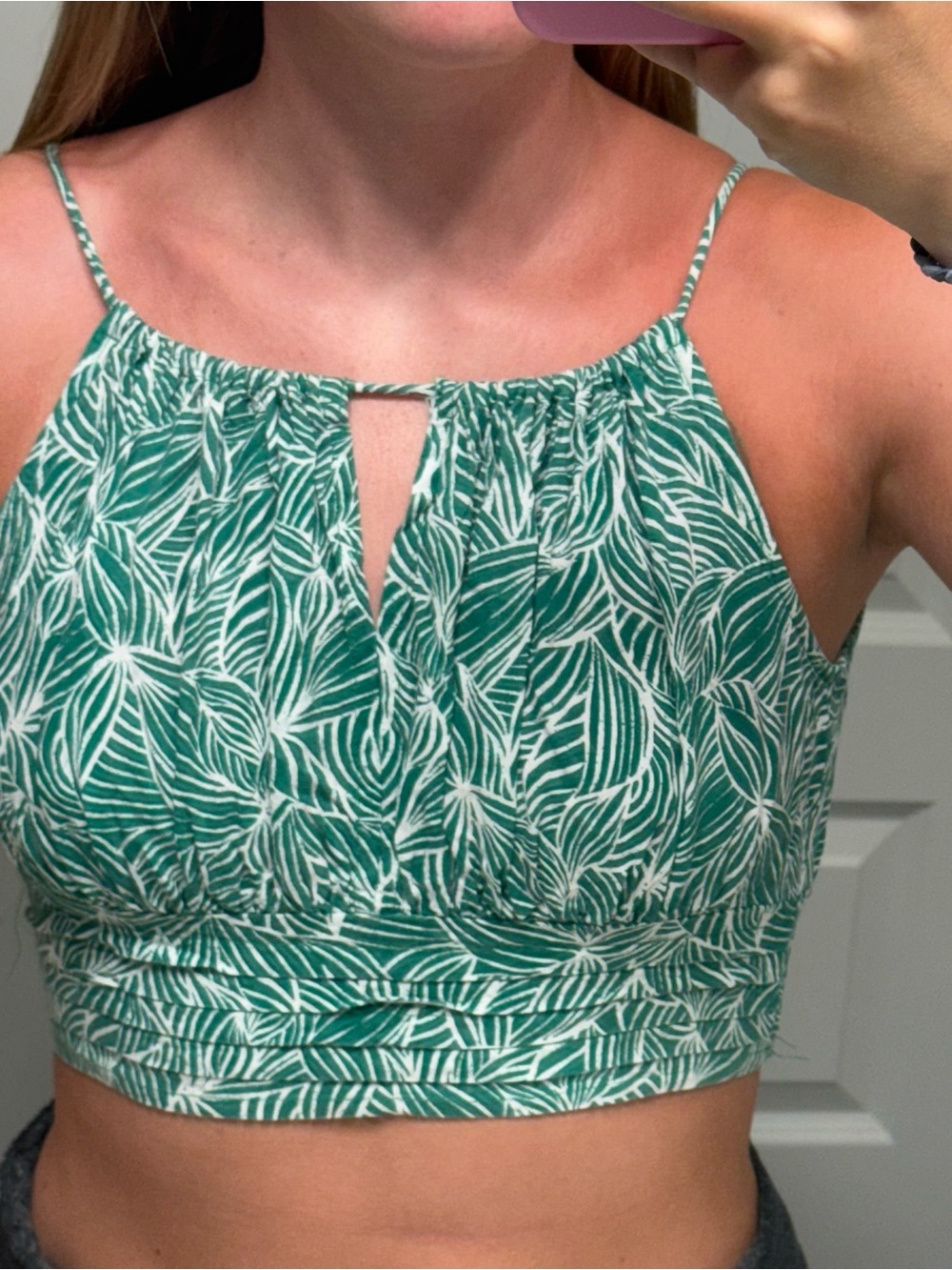 Japna Green Leaf-Print Spaghetti-Strap Crop Top